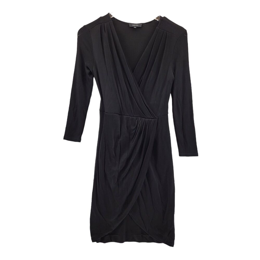 Aritzia Babaton Dress Size XS Faux Wrap Midi Black Tulip Hem 3/4 Sleeves Viscose